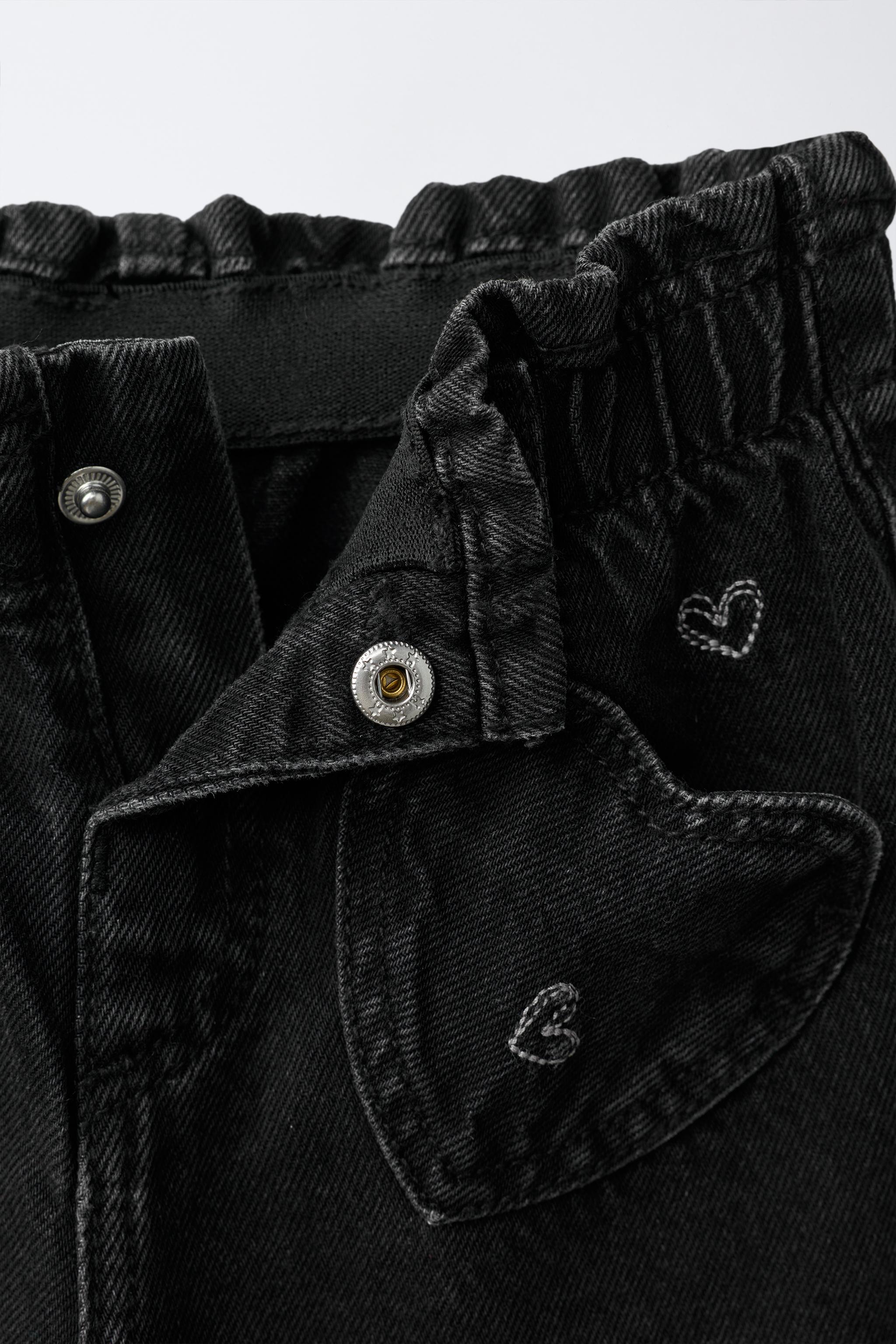 ハート刺繍 バギーペーパーバッグデニムパンツ - ブラック | ZARA