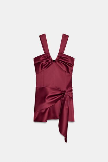 Zara MINI DRESS WITH WAIST DETAIL - Maroon - Image 0
