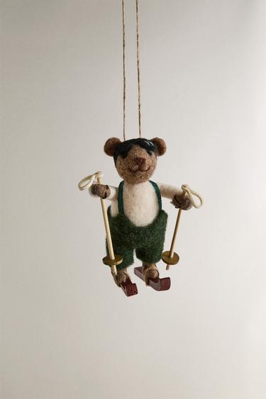 WOOL SKIING BEAR CHRISTMAS TREE DECORATION - Brown by Zara - Image 0