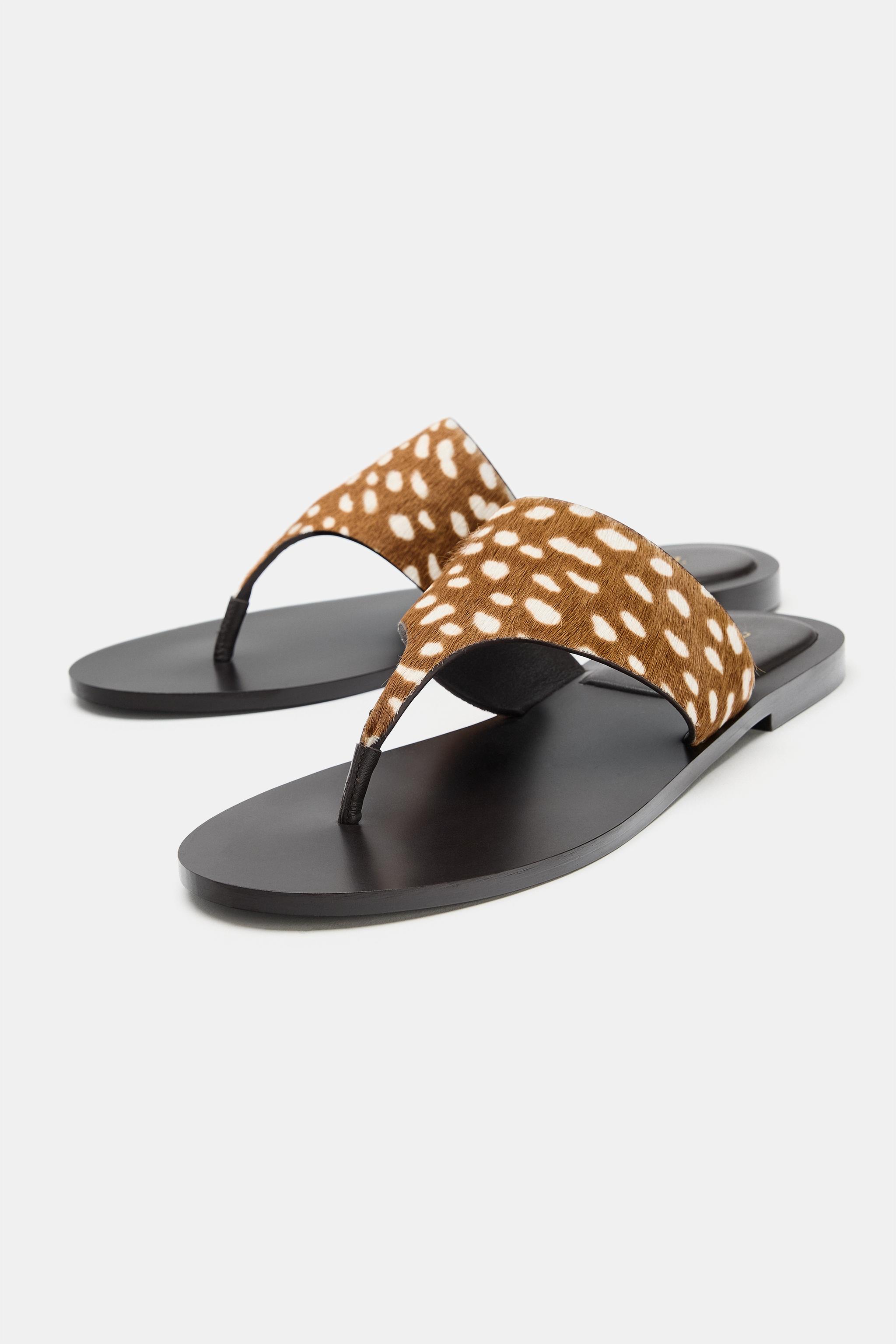 Женские сандалии Zara TEXTURED LEATHER FLAT SANDALS — фото 3