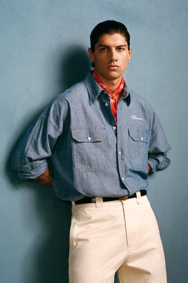 قميص CHAMBRAY بوكسي فيت بتطريز WILLY CHAVARRIA X ZARA - أزرق وسط الخاص بـ Zara