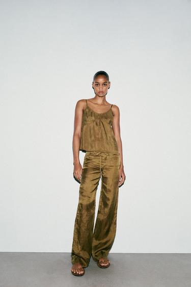 TIE WAIST PYJAMA TROUSERS - Light khaki by Zara