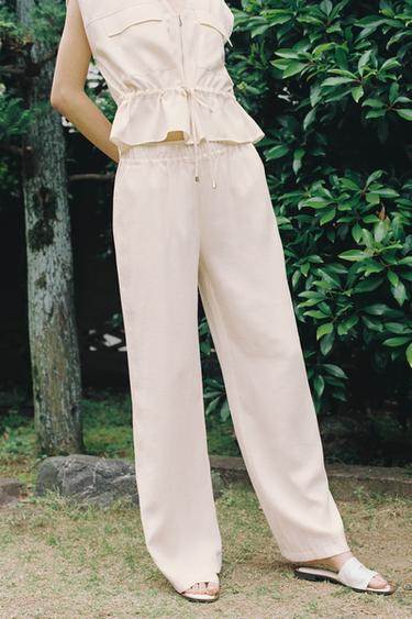ゴムウエスト仕様ワイドパンツクリームZaraのゴムウエスト仕様ワイドパンツ - クリーム 