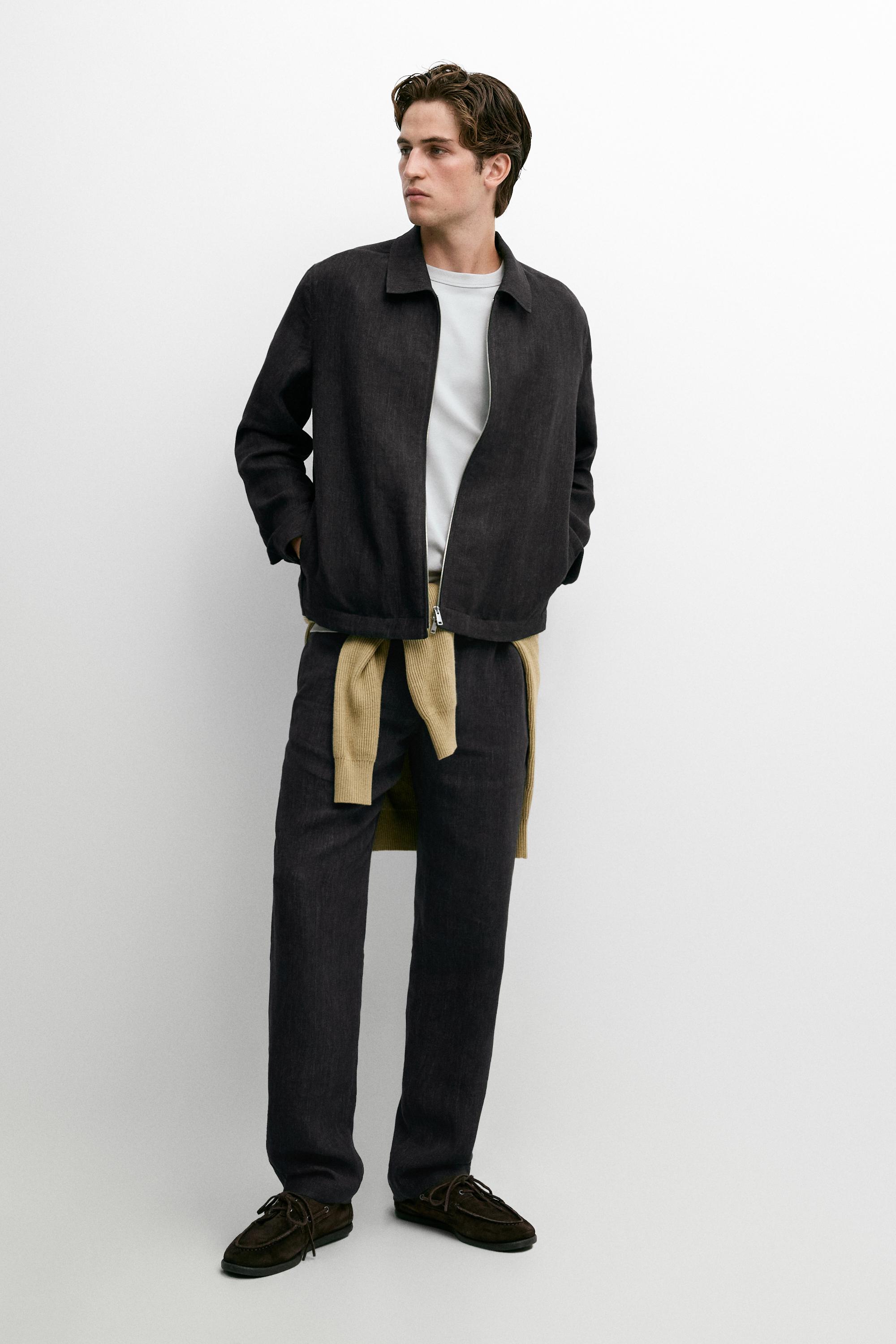 Linen total look zip-up jacket — Blue / Gray