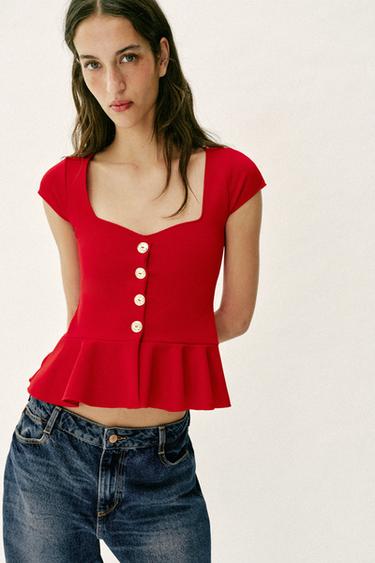 TOP PÉPLUM À BOUTONS - Rouge de Zara - Image 2