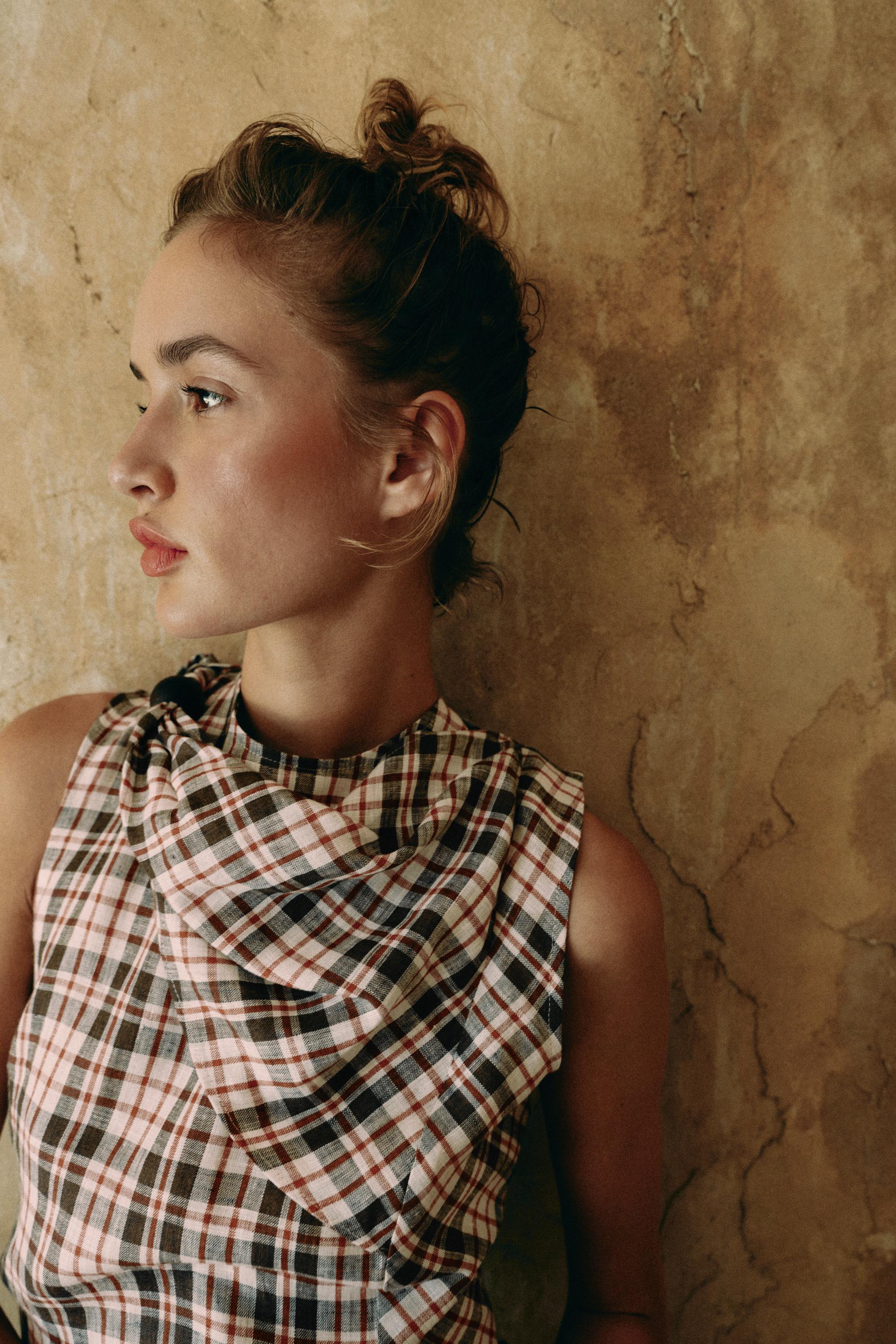 100% LINEN PLAID TOP