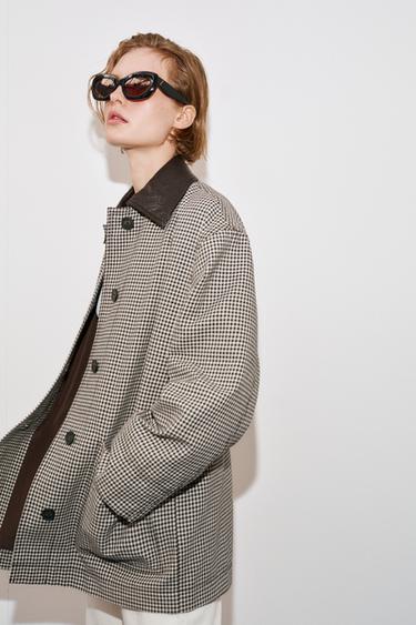 Zara HOUNDSTOOTH FAUX LEATHER TRIM JACKET - Black / Ecru