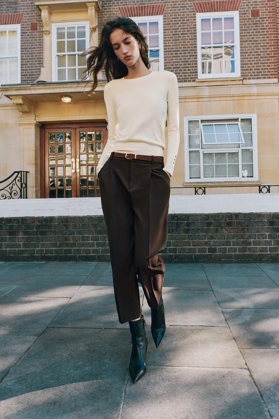 CROPPED TROUSERS WITH BELT - Dark brown by Zara - Image 0