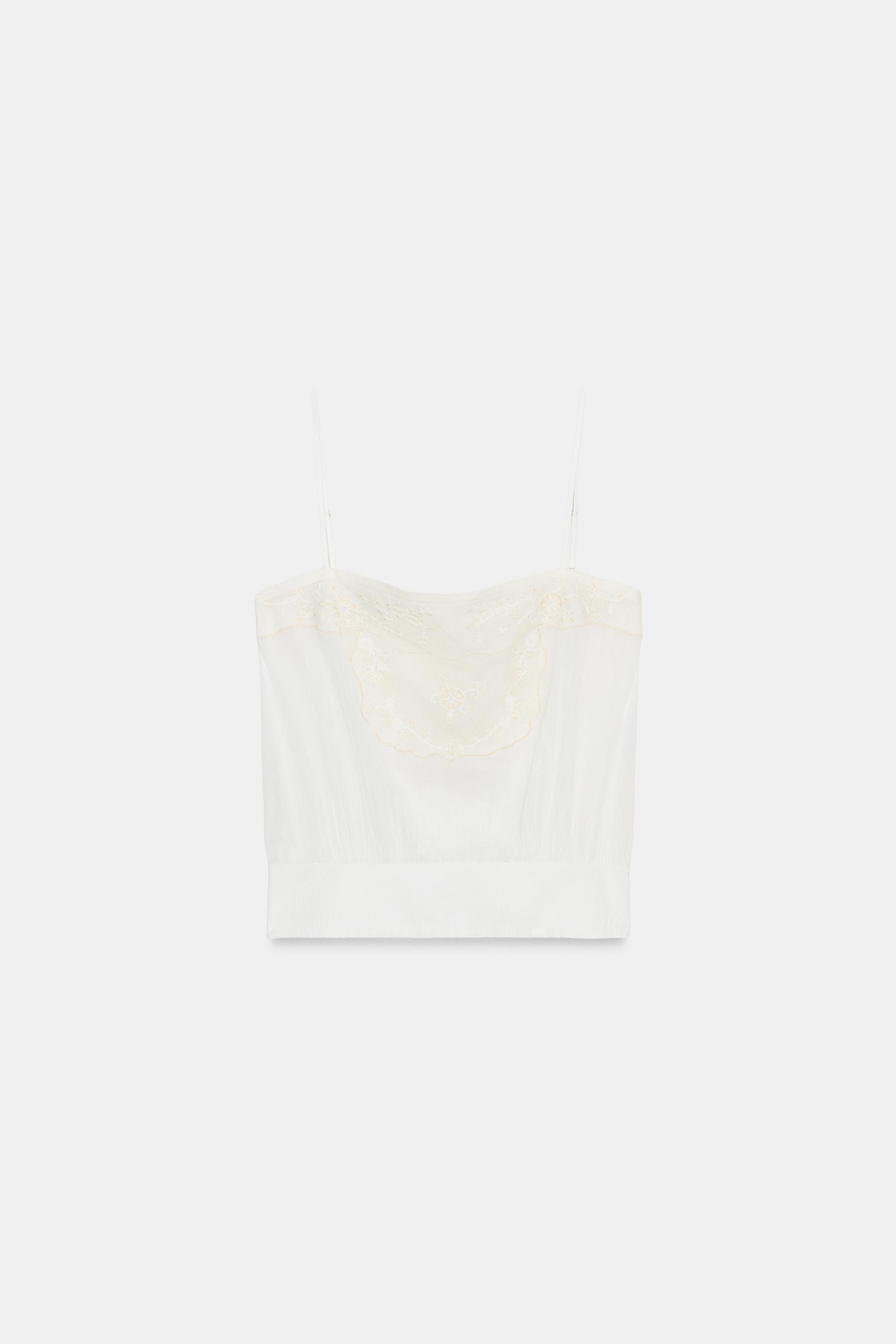 EMBROIDERED GAZE STRAP TOP — Oyster-white
