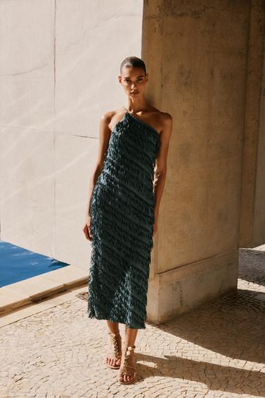 FRINGED MIDI DRESS - Duck green by Zara