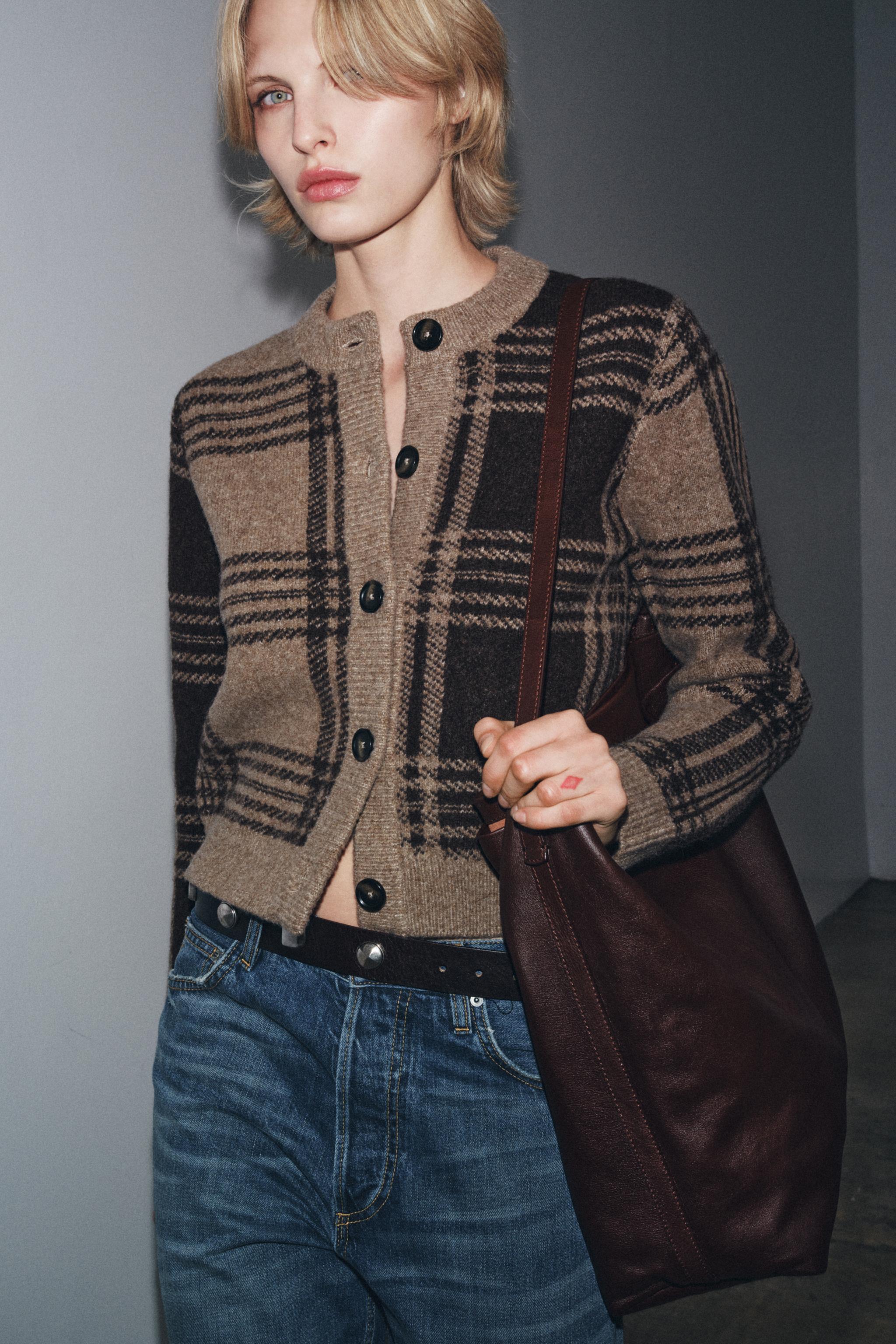 CHECK KNIT CARDIGAN - mink brown | ZARA India