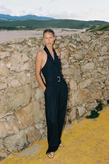 HALTER NECK JUMPSUIT WITH LINEN BLEND BELT - Navy blue by Zara