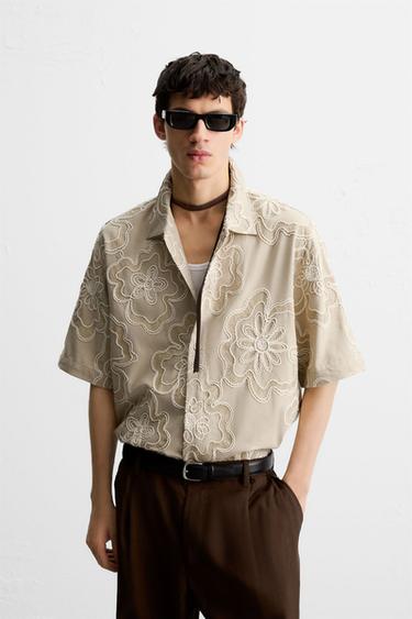 TEXTURED EMBROIDERY SHIRT - Sand by Zara