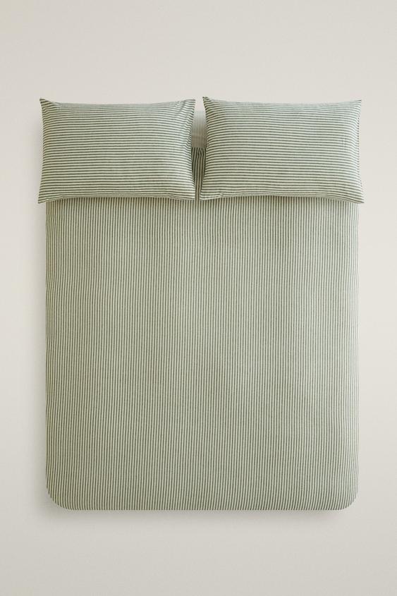 REVERSIBLE STRIPED FLANNEL DUVET COVER (160 GSM) - Sea green by Zara - Image 0