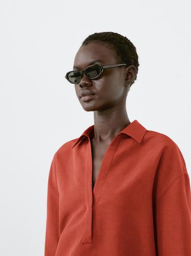Blouse à col polo lin mélangé - Rouge orangé de Zara
