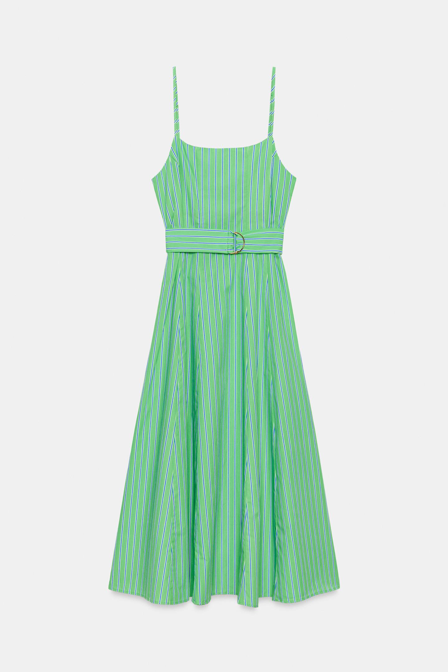 Женское платье Zara Striped Belted MIDI, цвет: Зелёный / Синий — фото 6