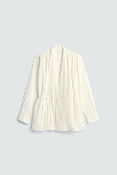 Zara STRIPED JACQUARD KIMONO SHIRT - Ecru