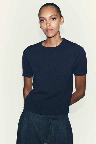 100% WOOL SHORT SLEEVE TOP - Blue / Navy by Zara