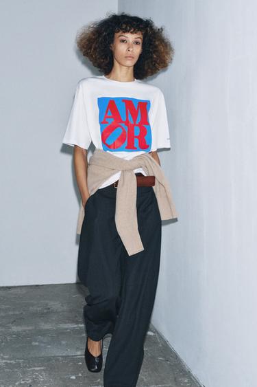 Zara CONTRAST TEXT T-SHIRT - White