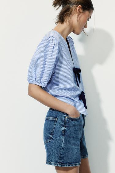 Zara STRIPED BLOUSE WITH BOWS - Blue / White