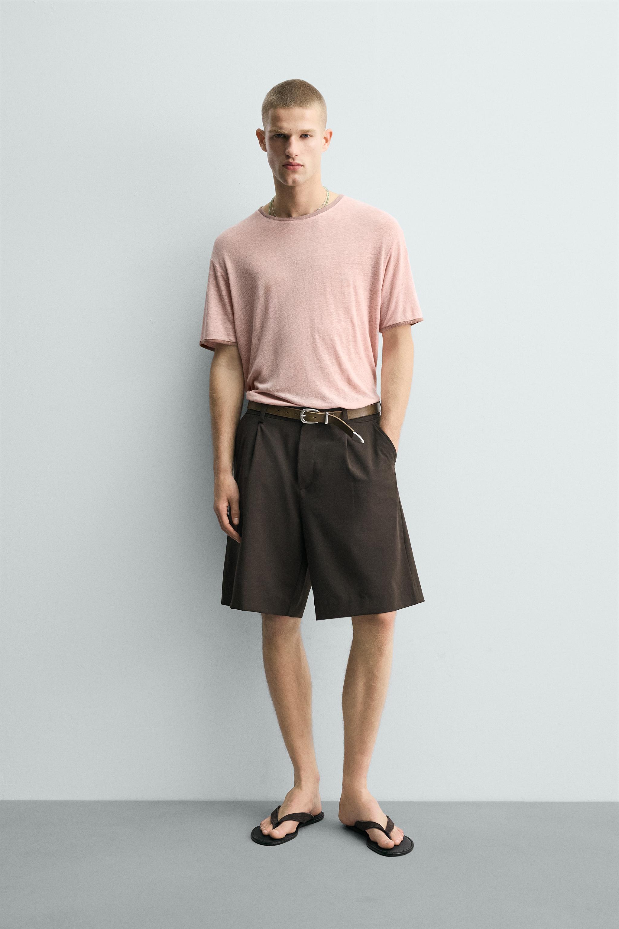 トップス Viscose Ponte S/S York Sleeve Shirt CONTRAST VISCOSE-LINEN BLEND T-SHIRT - Light pink | ZARA United States