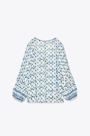 PRINTED BLOUSE WITH METALLIC THREAD - Ecru / Blue by Zara - Image 6