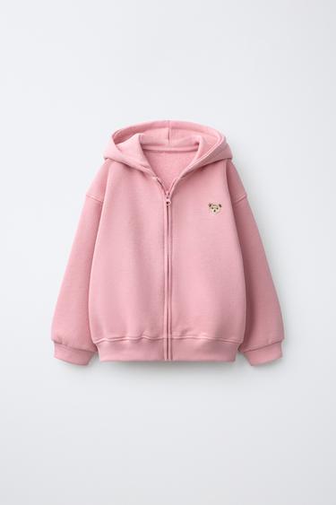 EMBROIDERED BEAR ZIP-UP HOODIE - Pastel pink by Zara