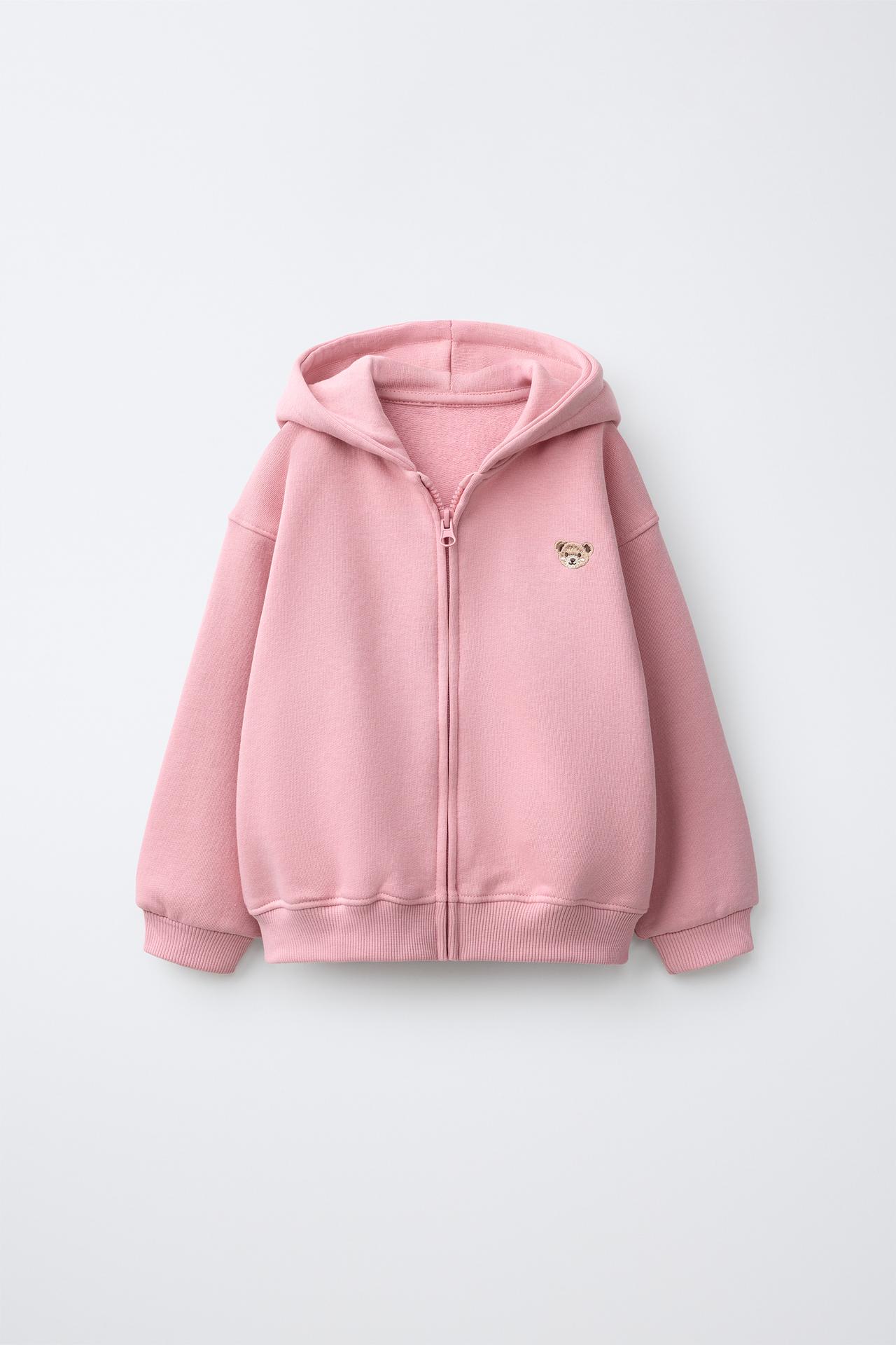 EMBROIDERED BEAR ZIP-UP SWEATSHIRT — Pastel pink