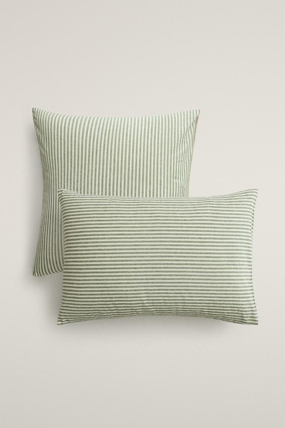 Zara REVERSIBLE STRIPED FLANNEL PILLOWCASE (160 GSM) - Sea green - Image 0