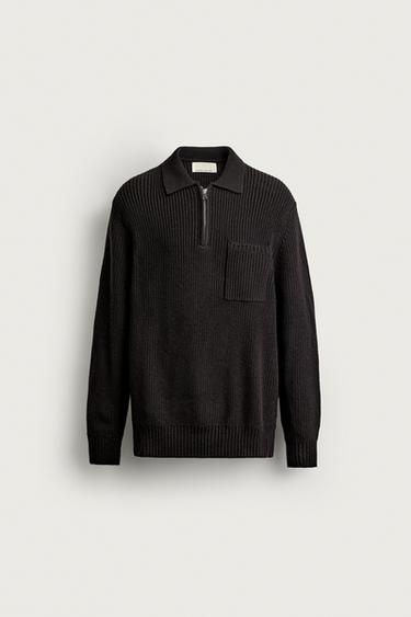 COTTON-WOOL PURL KNIT POLO — Brown 1
