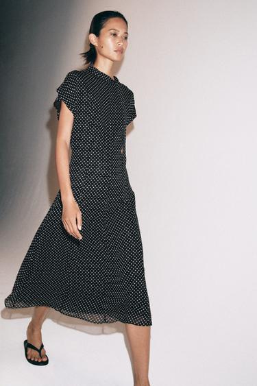 Zara ZW COLLECTION POLKA DOT MIDI DRESS - Black / White