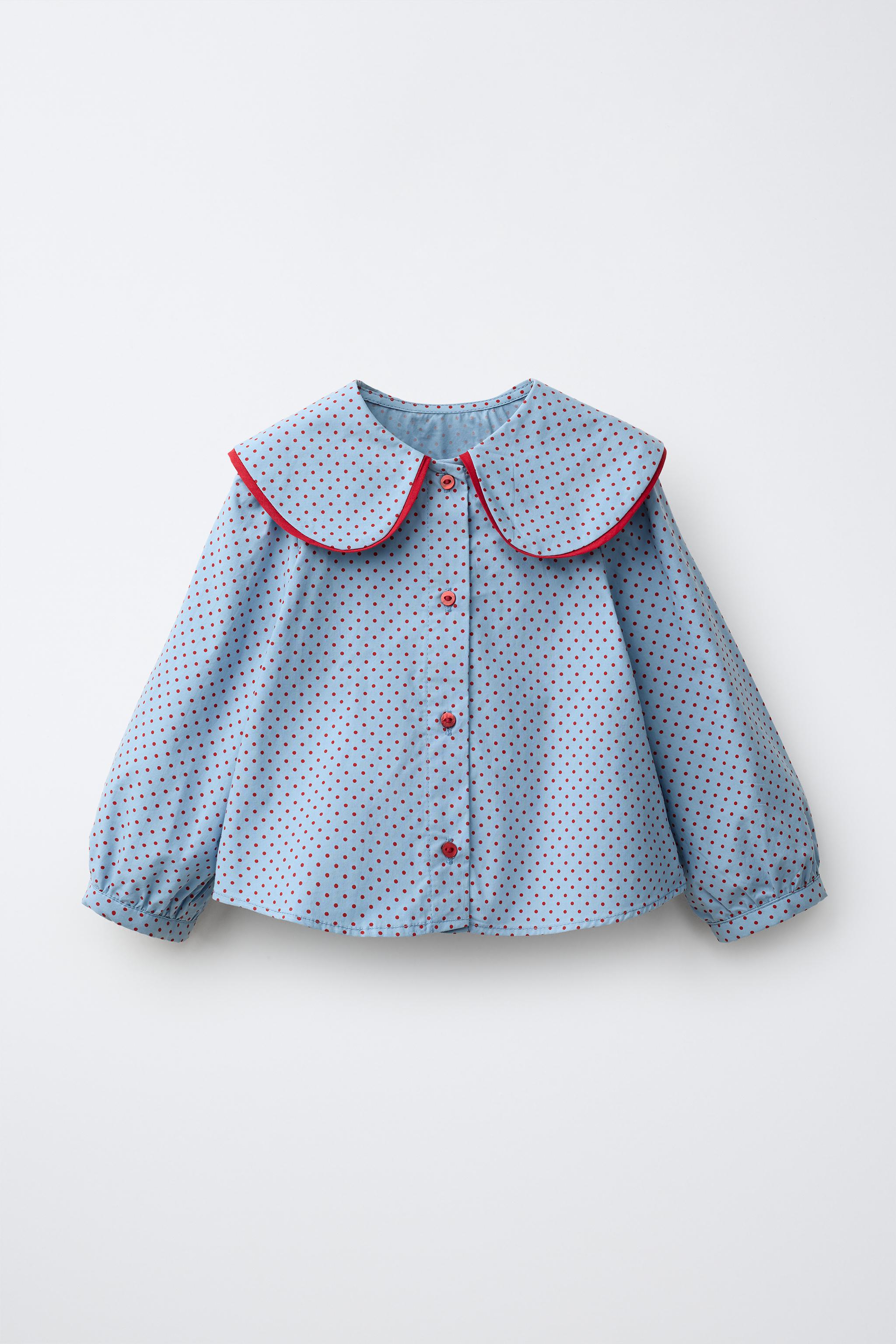 POLKA DOT PETER PAN COLLAR SHIRT — Mid-blue