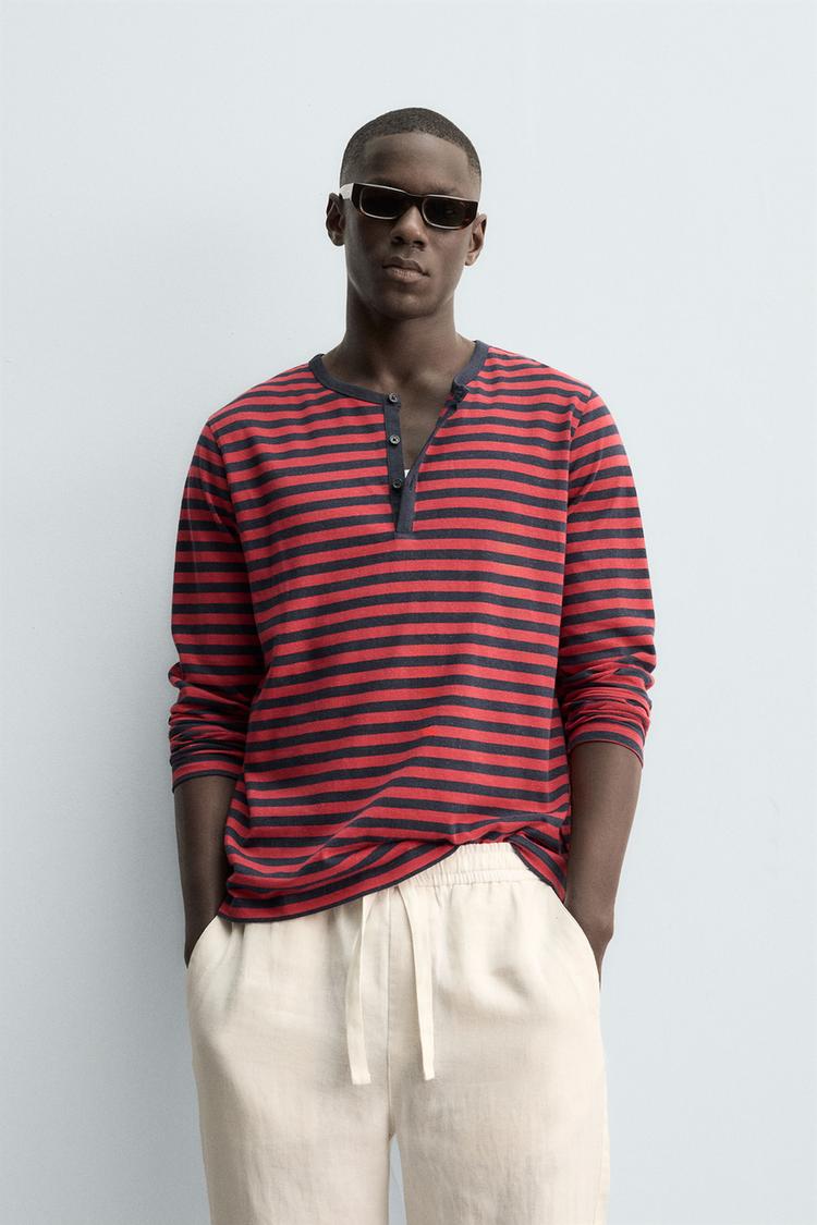 ZARA STRIPED LINEN - COTTON HENLEY T-SHIRT