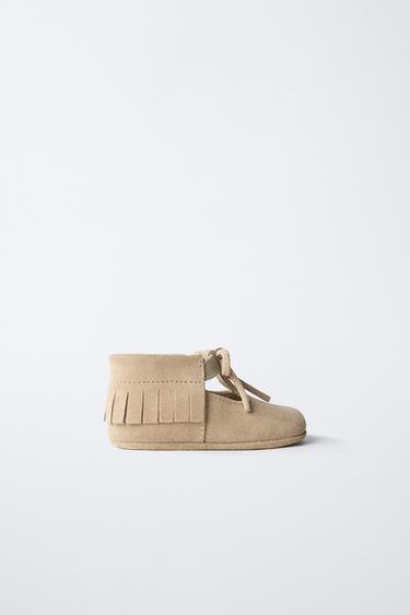 LEATHER FRINGED BALLERINAS - Sand Brown by Zara