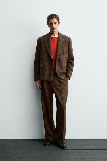 PANTALON À PLIS DE COSTUME À CARREAUX - Marron de Zara