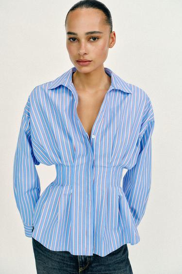 Zara STRIPED POPLIN SHIRT WITH PLEATS - Red Stripe