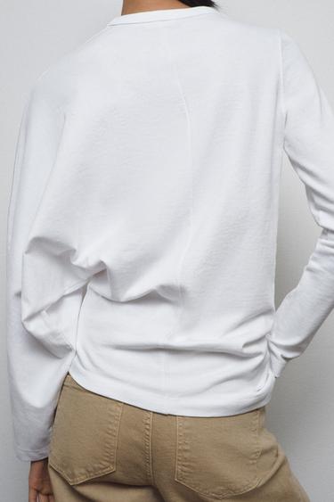 ASYMMETRIC LONG SLEEVE T-SHIRT - White by Zara - Image 2