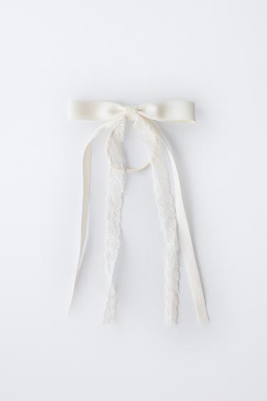 LACE AND PLAIN BOW SNAP CLIP HAIR TIE - Ecru by Zara - Image 3
