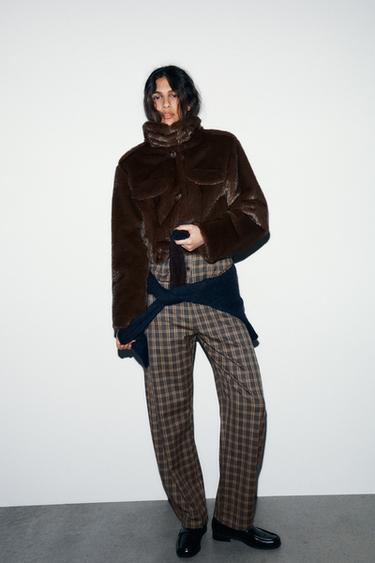 Zara PLAID BALLOON PANTS - Gray / Tan