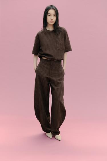 ZW COLLECTION リネン混紡ストライプ柄トップスブラウン/ エクリュZaraのZW COLLECTION リネン混紡ストライプ柄トップス - ブラウン/ エクリュ