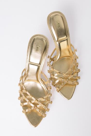 SANDALES À TALONS À STRASS - Or de Zara