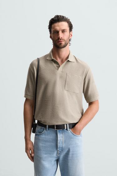Zara TEXTURED POCKET POLO SHIRT - Green