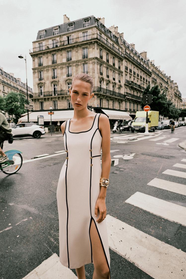 Vestido Bege Vestido Bolas Zara VESTIDO MIDI DEBRUNS CONTRASTE