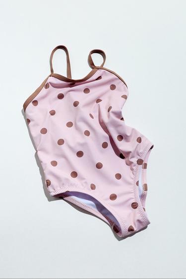 Zara 2-6 YEARS/ POLKA DOT SWIMSUIT WITH CONTRASTING PIPING - Dusty pink