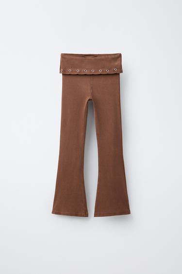 TURN-UP WAIST EYELET FLARE LEGGINGS - Brown by Zara