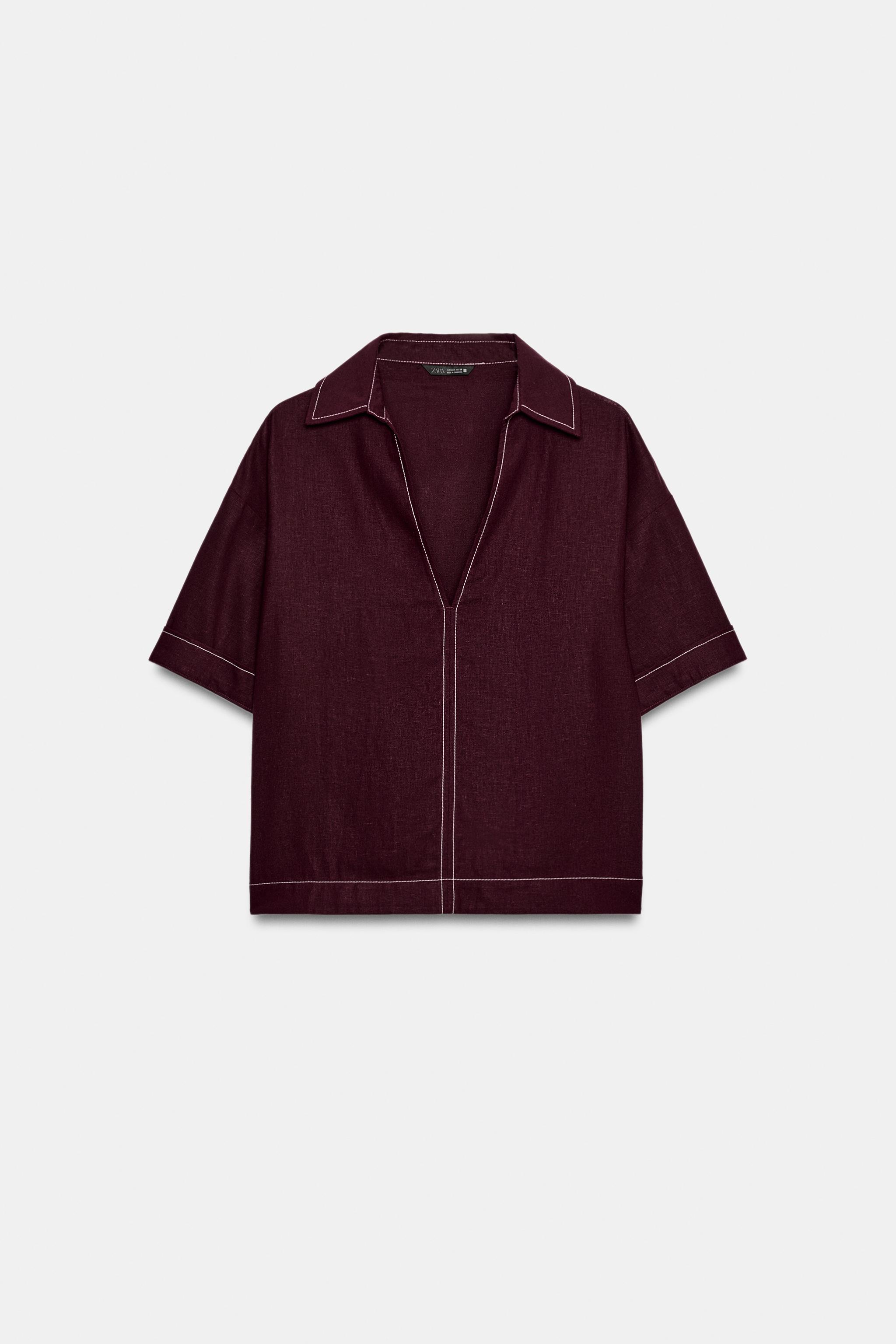 Женские рубашки Zara LINEN TOP WITH CONTRAST PIPING — фото 7