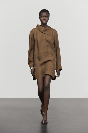 Zara Flowing short dress with asymmetric neck - Brown - Image 0
