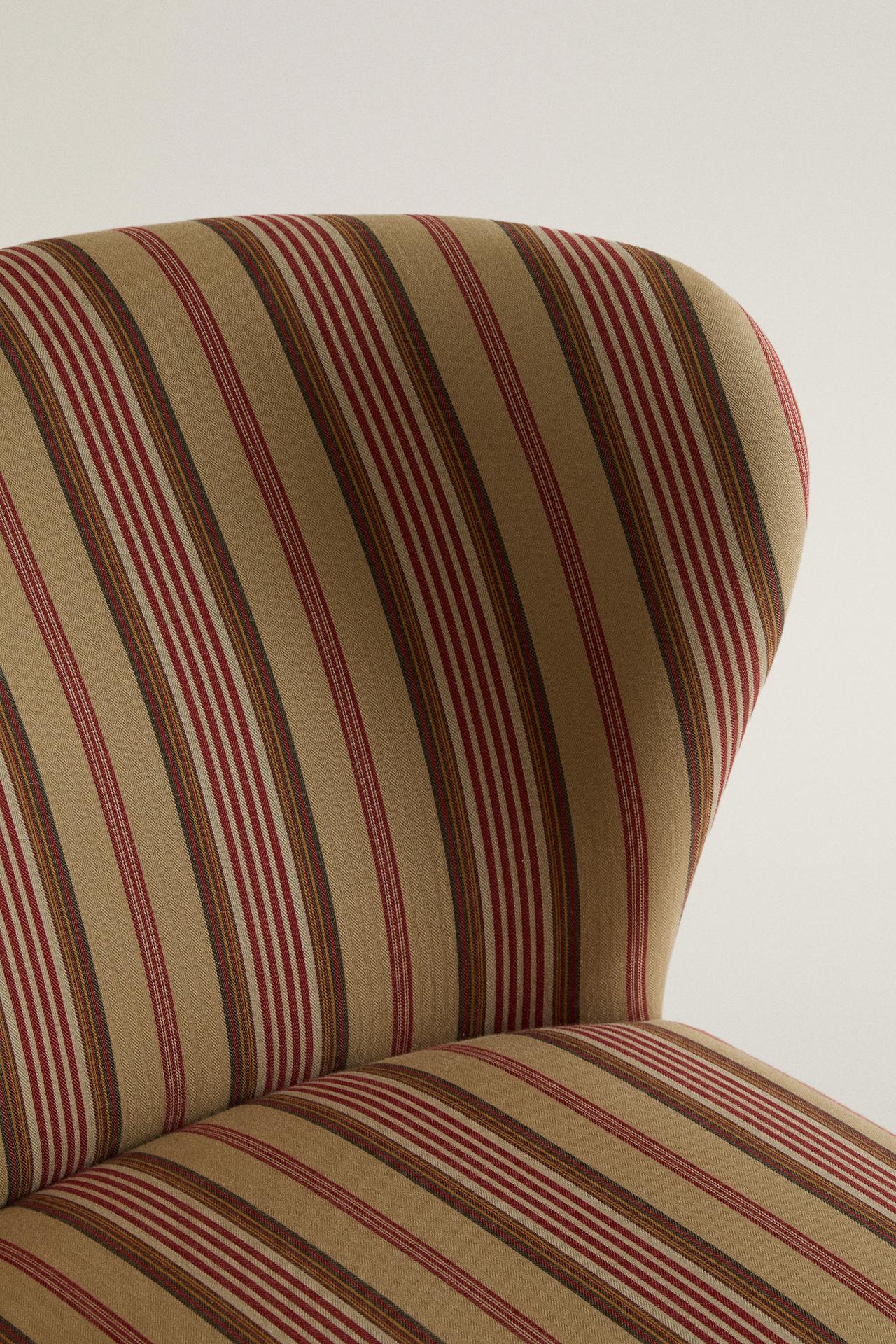 STRIPED ACCENT CHAIR WITH RUFFLE | KATHARINE POLE — Ecru / Red