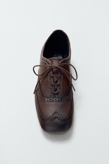 FLAT LEATHER BROGUES - Dark tan by Zara