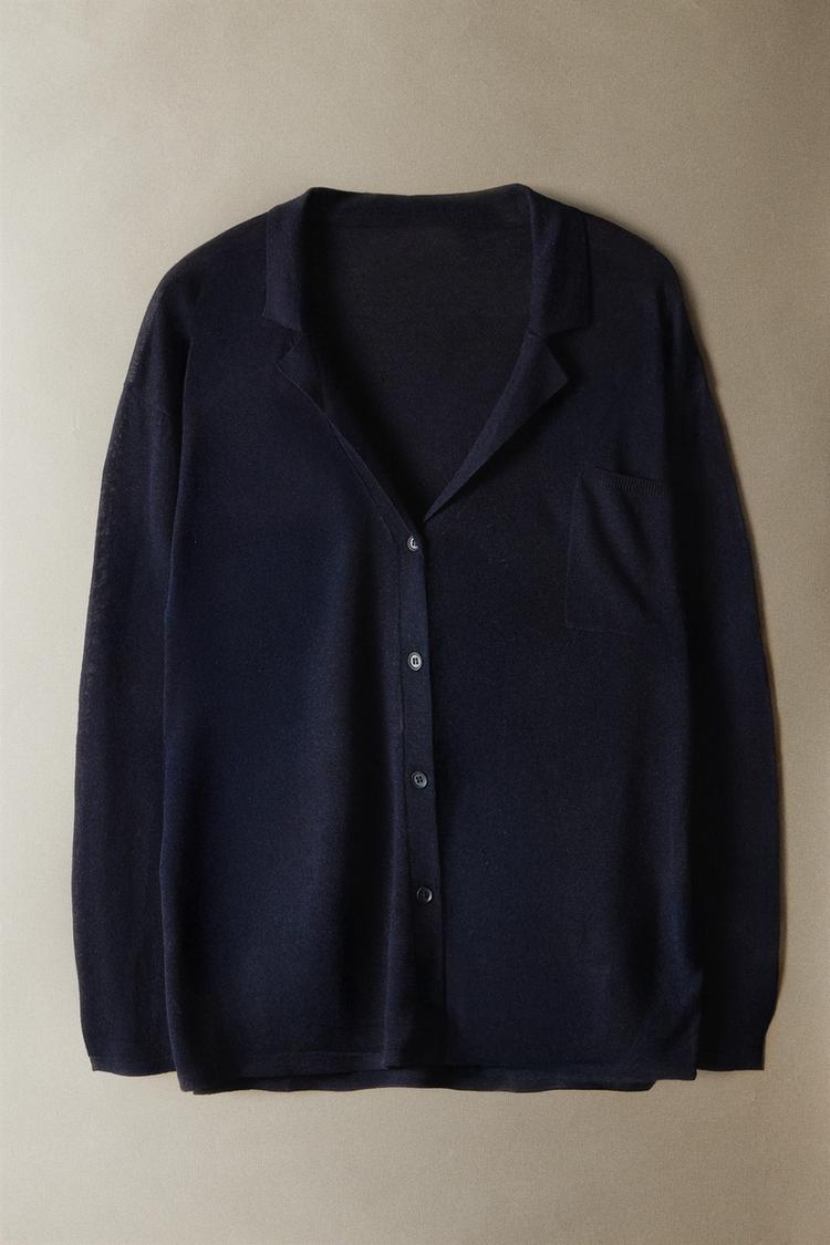 WOOL SILK LAPEL INFINITY SCARF CARDIGAN — Blue